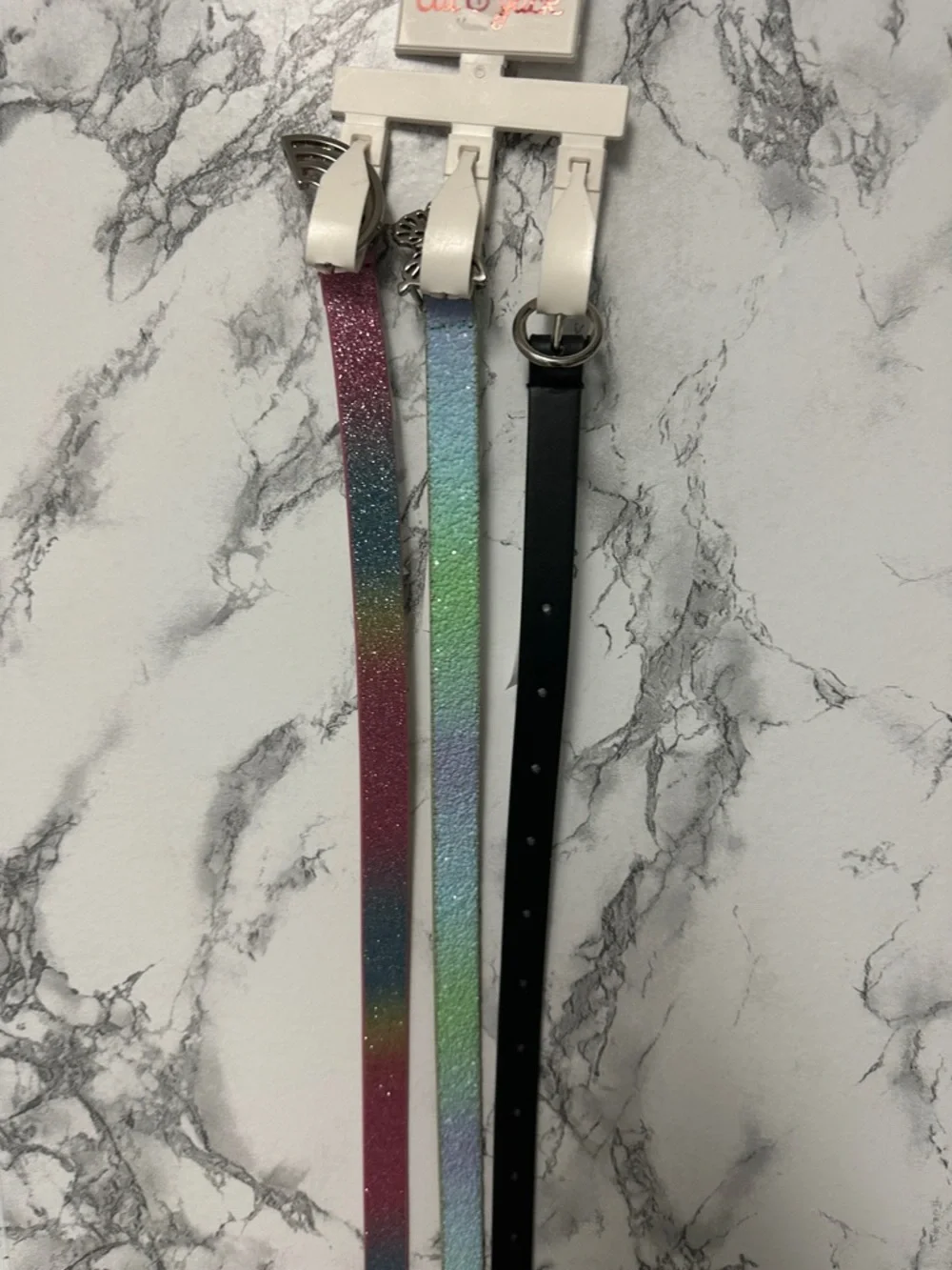 Cat & Jack Girls 3-Pack Belts XL Glitter Rainbow Butterfly & Black Ring Size XL